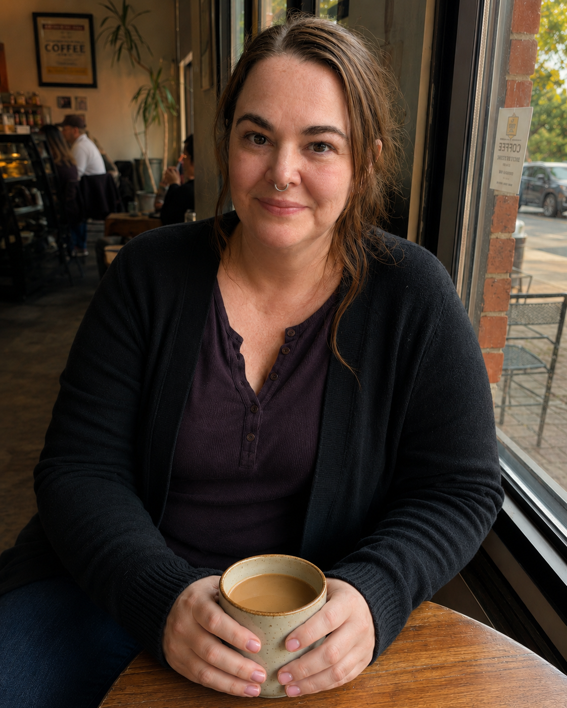 Nicole Sell at a coffee shop window table, holding a speckled ceramic mug of coffee and smiling.